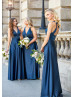 V Neck Navy Blue Satin Bridesmaid Dress